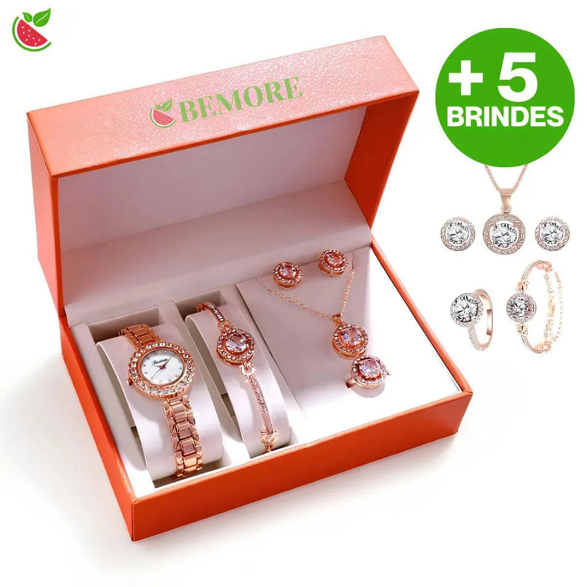 Relógio de Luxo Feminino + 5 BRINDES: 1 Par de Brincos, Colar, Anel e Pulseira